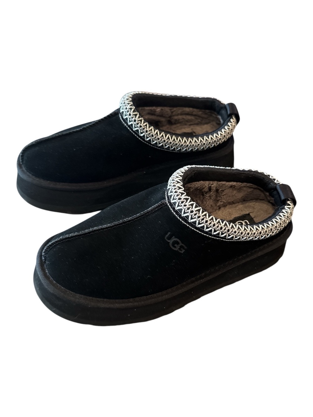 UGG Tazz Platform Slippers Black Suede Shearling Lined Size 8